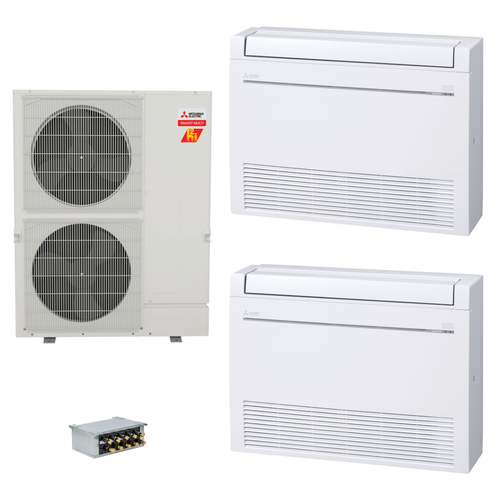 Mitsubishi Electric 36,000 BTU 23 SEER2 Hyper-Heat Smart Multi Dual Zone Floor Mounted Ductless Mini Split Heat Pump System 12+18 with Branch Box R454B