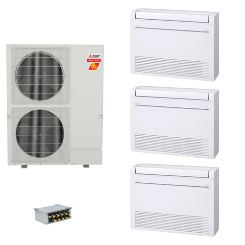 Mitsubishi Electric 36,000 BTU 23 SEER2 Hyper-Heat Smart Multi Tri Zone Floor Mounted Ductless Mini Split Heat Pump System 12+15+18 with Branch Box R454B