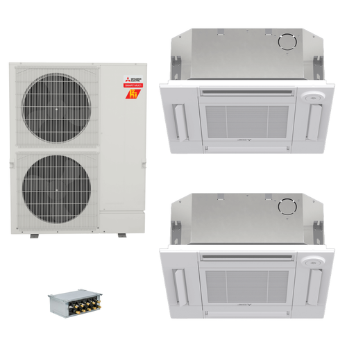 Mitsubishi Electric 42,000 BTU 21 SEER2 Hyper-Heat Smart Multi Dual Zone 4-Way Ceiling Cassette Ductless Mini Split Heat Pump System 15+15 with Branch Box R454B
