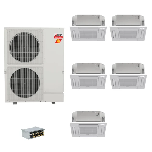 Mitsubishi Electric 42,000 BTU 21 SEER2 Hyper-Heat Smart Multi Five Zone 4-Way Ceiling Cassette Ductless Mini Split Heat Pump System 9+9+9+12+15 with Branch Box R454B