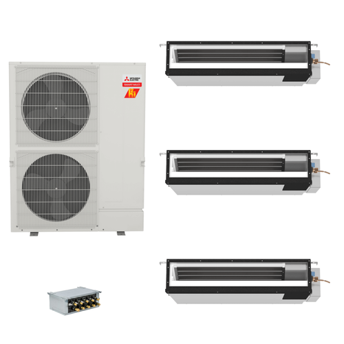 Mitsubishi Electric 42,000 BTU 17 SEER2 Hyper-Heat Smart Multi Tri Zone Low Static Ducted Mini Split Heat Pump System 12+12+15 with Branch Box R454B