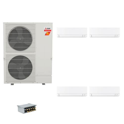 Mitsubishi Electric 48,000 BTU 23 SEER2 Hyper-Heat Smart Multi Quad Zone Wall Mounted Ductless Mini Split Heat Pump System 6+9+18+24 with Branch Box R454B