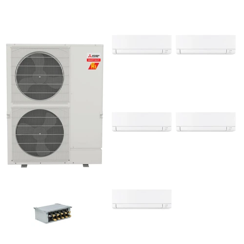 Mitsubishi Electric 48,000 BTU 23 SEER2 Hyper-Heat Smart Multi Five Zone Wall Mounted Ductless Mini Split Heat Pump System 6+9+12+15+15 with Branch Box R454B