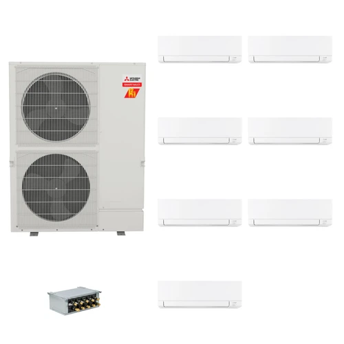 Mitsubishi Electric 48,000 BTU 23 SEER2 Hyper-Heat Smart Multi Seven Zone Wall Mounted Ductless Mini Split Heat Pump System 6+6+6+6+6+9+15 with Branch Box R454B