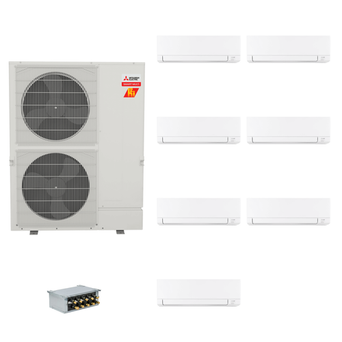 Mitsubishi Electric 48,000 BTU 23 SEER2 Hyper-Heat Smart Multi Seven Zone Wall Mounted Ductless Mini Split Heat Pump System 6+6+6+9+9+12+12 with Branch Box R454B