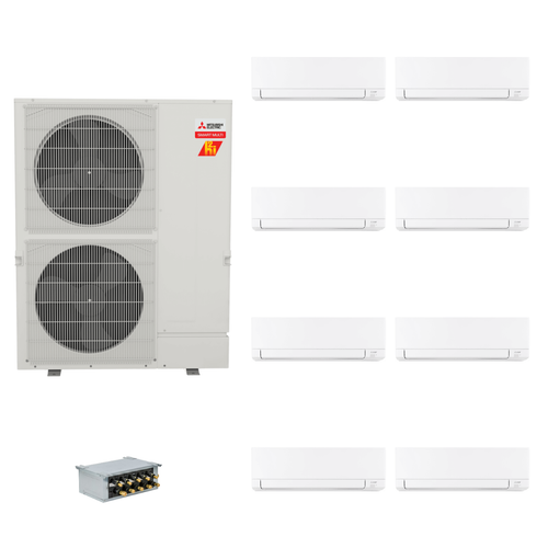 Mitsubishi Electric 48,000 BTU 23 SEER2 Hyper-Heat Smart Multi Eight Zone Wall Mounted Ductless Mini Split Heat Pump System 6+6+6+6+6+6+6+9 with Branch Box R454B