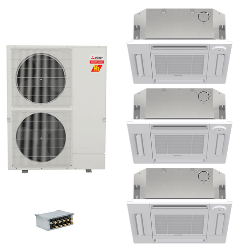 Mitsubishi Electric 48,000 BTU 23 SEER2 Hyper-Heat Smart Multi Tri Zone 4-Way Ceiling Cassette Ductless Mini Split Heat Pump System 9+9+9 with Branch Box R454B