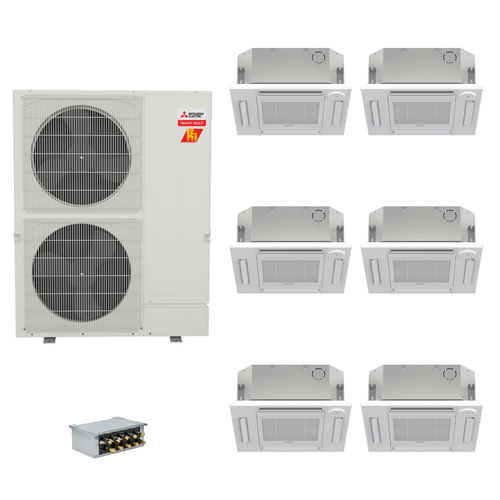 Mitsubishi Electric 48,000 BTU 23 SEER2 Hyper-Heat Smart Multi Six Zone 4-Way Ceiling Cassette Ductless Mini Split Heat Pump System 9+9+9+9+9+15 with Branch Box R454B