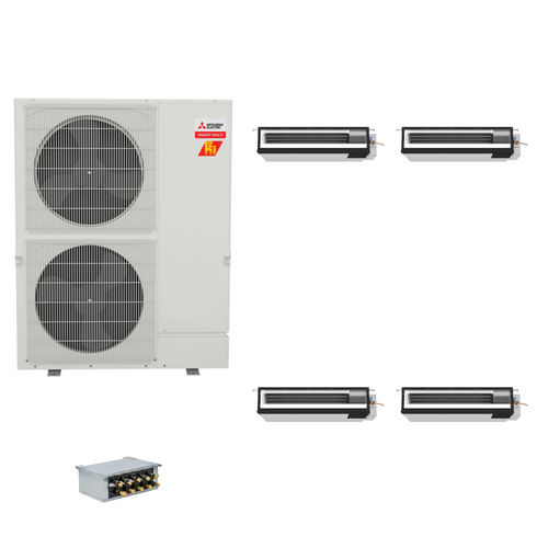 Mitsubishi Electric 48,000 BTU 18 SEER2 Hyper-Heat Smart Multi Quad Zone Low Static Ducted Mini Split Heat Pump System 12+12+12+12 with Branch Box R454B