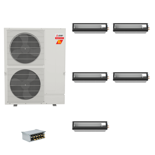 Mitsubishi Electric 48,000 BTU 18 SEER2 Hyper-Heat Smart Multi Five Zone Mid Static Ducted Mini Split Heat Pump System 9+9+9+9+12 with Branch Box R454B