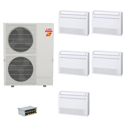 Mitsubishi Electric 48,000 BTU 23 SEER2 Hyper-Heat Smart Multi Five Zone Floor Mounted Ductless Mini Split Heat Pump System 9+9+9+9+12 with Branch Box R454B