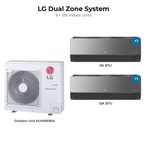 LG Dual zone mini split system KUMXB181A with 9 + 12K indoor units