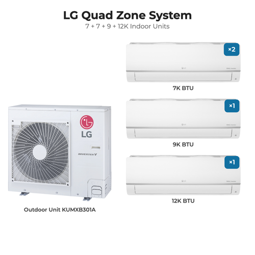 LG Quad zone mini split system KUMXB301A with 7 + 7 + 9 + 12K indoor units