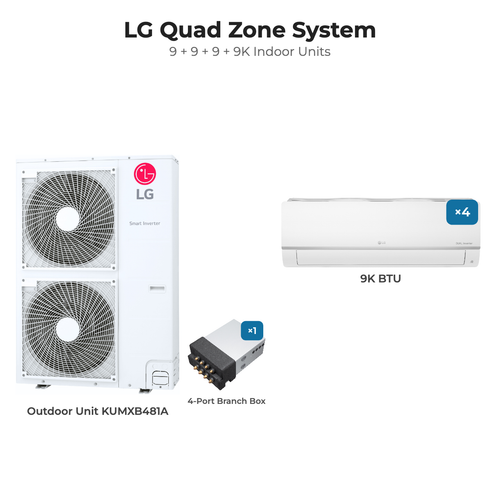 LG Quad zone mini split system KUMXB481A with 9 + 9 + 9 + 9K indoor units