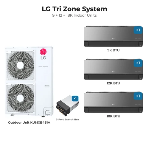 LG Tri zone mini split system KUMXB481A with 9 + 12 + 18K indoor units