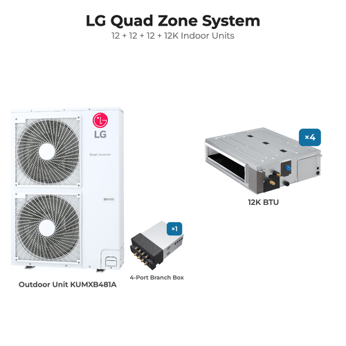 LG Quad zone mini split system KUMXB481A with 12 + 12 + 12 + 12K indoor units