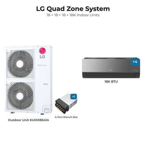 LG Quad zone mini split system KUMXB541A with 18 + 18 + 18 + 18K indoor units