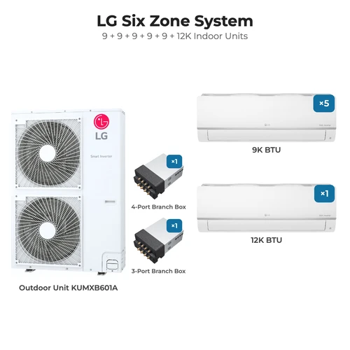LG Six zone mini split system KUMXB601A with 9 + 9 + 9 + 9 + 9 + 12K indoor units