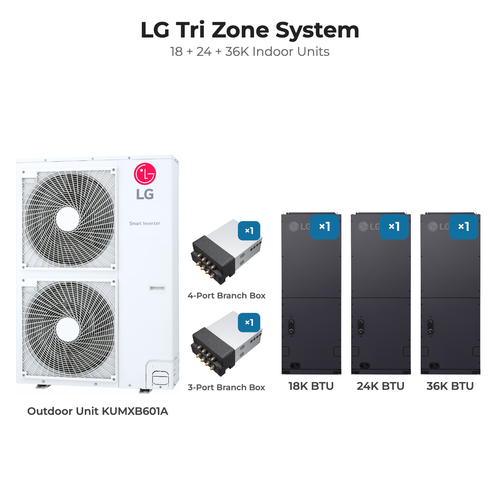 LG Tri zone mini split system KUMXB601A with 18 + 24 + 36K indoor units