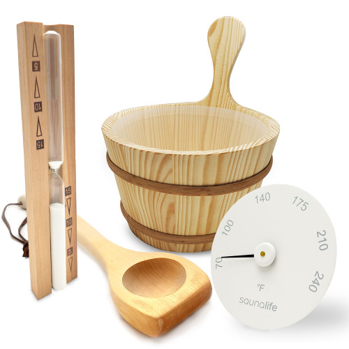 SaunaLife Essentials Set 6 Aluminum Sauna Bucket and Ladle Set w/ Thermometer