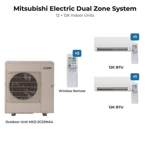 Mitsubishi Electric dual zone mini split system MXZ-2C20NA4 with 12K + 12K indoor units and remotes