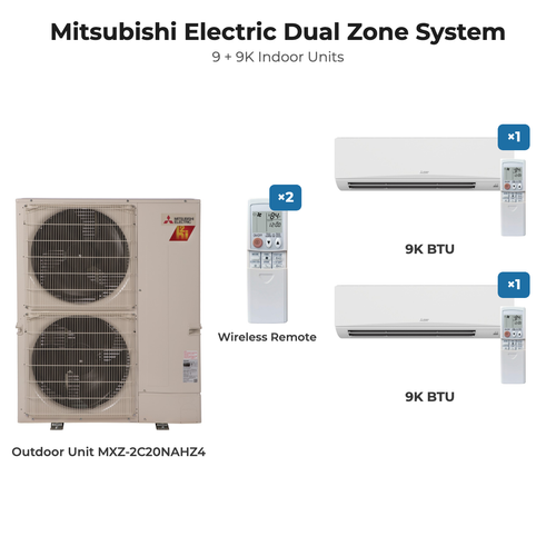 Mitsubishi Electric dual zone mini split system MXZ-2C20NAHZ4 with 9K + 9K indoor units and remotes