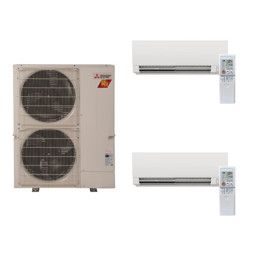 Mitsubishi MXZ-2C20NAHZ4-MSZ-FW12NA-MSZ-FW12NA dual zone system: outdoor unit with indoor units and remotes