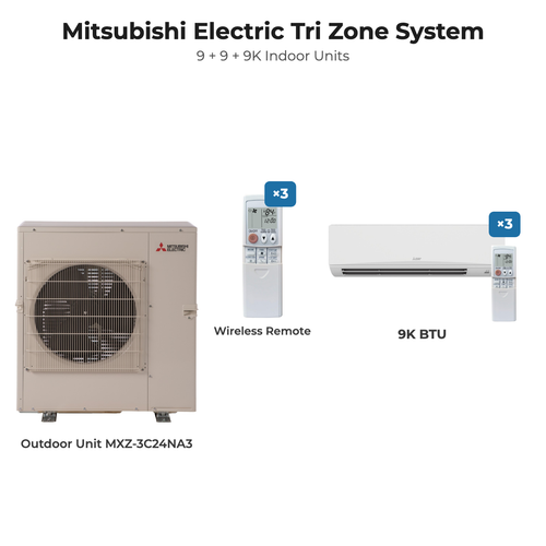 Mitsubishi Electric tri zone mini split system MXZ-3C24NA3 with 9K + 9K + 9K indoor units and remotes