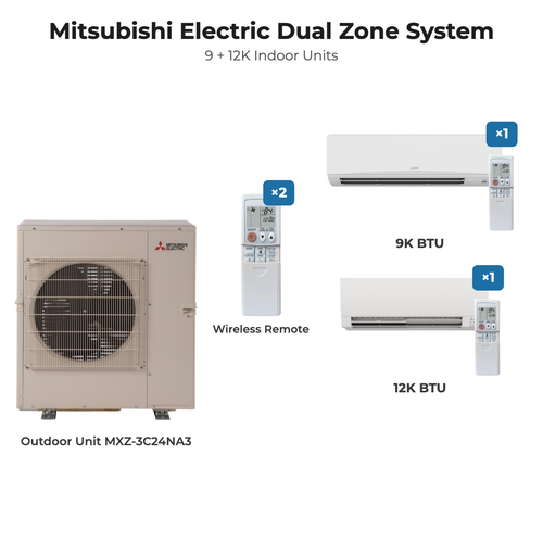 Mitsubishi Electric dual zone mini split system MXZ-3C24NA3 with 9K + 12K indoor units and remotes