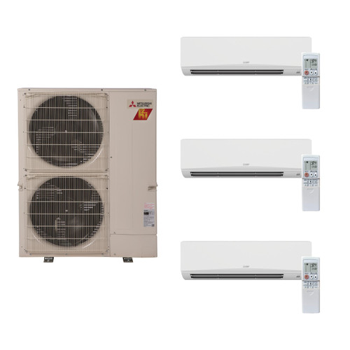 Mitsubishi MXZ-3C24NAHZ4-MSZ-GS06NA-MSZ-GS06NA-MSZ-GS06NA tri zone system: outdoor unit with indoor units and remotes