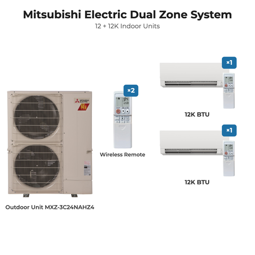 Mitsubishi Electric dual zone mini split system MXZ-3C24NAHZ4 with 12K + 12K indoor units and remotes