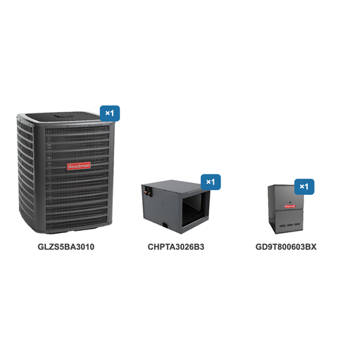 Goodman 2.5 Ton Heat Pump & Gas Furnace Dual Fuel System: GLZS5BA3010, CHPTA3026B3, GD9T800603BX