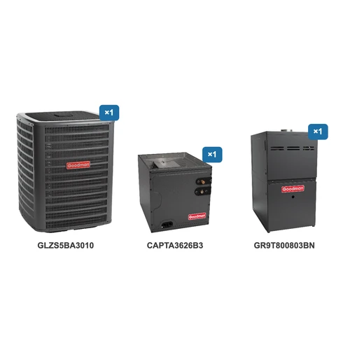 Goodman 2.5 Ton Heat Pump & Gas Furnace Dual Fuel System: GLZS5BA3010, CAPTA3626B3, GR9T800803BN