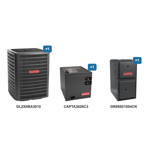 Goodman 2.5 Ton Heat Pump & Gas Furnace Dual Fuel System: GLZS5BA3010, CAPTA3626C3, GR9S921004CN