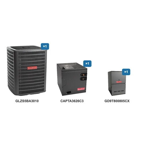 Goodman 2.5 Ton Heat Pump & Gas Furnace Dual Fuel System: GLZS5BA3010, CAPTA3626C3, GD9T800805CX