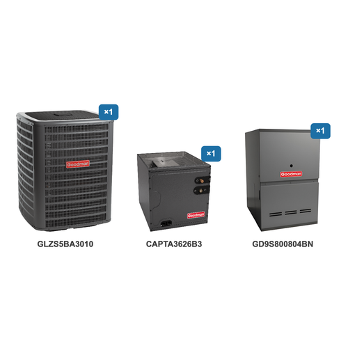 Goodman 2.5 Ton Heat Pump & Gas Furnace Dual Fuel System: GLZS5BA3010, CAPTA3626B3, GD9S800804BN