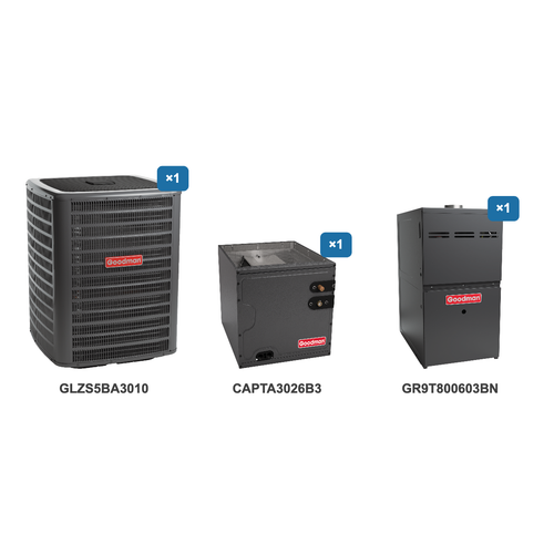 Goodman 2.5 Ton Heat Pump & Gas Furnace Dual Fuel System: GLZS5BA3010, CAPTA3026B3, GR9T800603BN