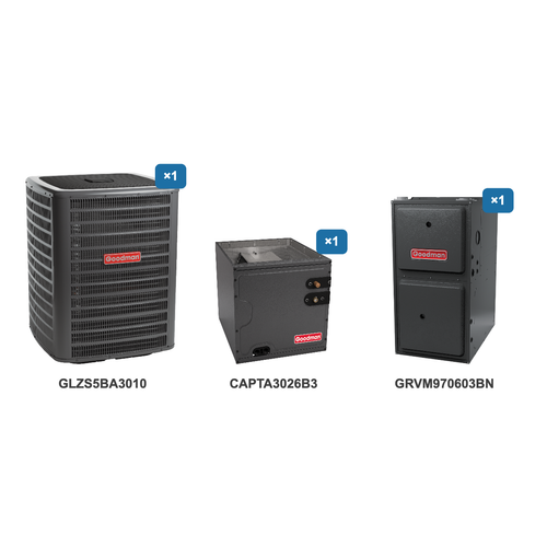 Goodman 2.5 Ton Heat Pump & Gas Furnace Dual Fuel System: GLZS5BA3010, CAPTA3026B3, GRVM970603BN