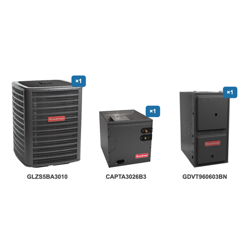 Goodman 2.5 Ton Heat Pump & Gas Furnace Dual Fuel System: GLZS5BA3010, CAPTA3026B3, GDVT960603BN