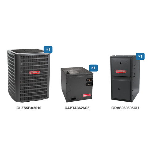 Goodman 2.5 Ton Heat Pump & Gas Furnace Dual Fuel System: GLZS5BA3010, CAPTA3626C3, GRVS960805CU