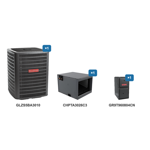 Goodman 2.5 Ton Heat Pump & Gas Furnace Dual Fuel System: GLZS5BA3010, CHPTA3026C3, GR9T960804CN
