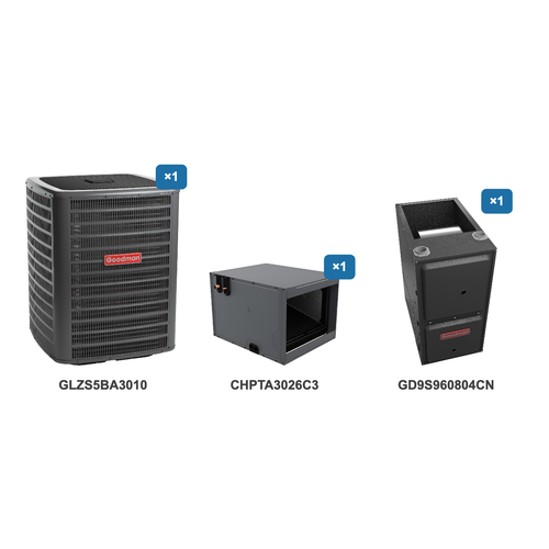 Goodman 2.5 Ton Heat Pump & Gas Furnace Dual Fuel System: GLZS5BA3010, CHPTA3026C3, GD9S960804CN