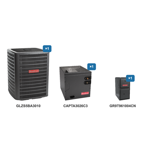 Goodman 2.5 Ton Heat Pump & Gas Furnace Dual Fuel System: GLZS5BA3010, CAPTA3026C3, GR9T961004CN