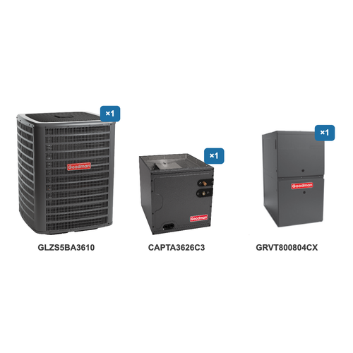 Goodman 3 Ton Heat Pump & Gas Furnace Dual Fuel System: GLZS5BA3610, CAPTA3626C3, GRVT800804CX