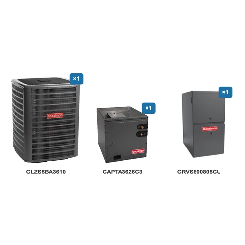 Goodman 3 Ton Heat Pump & Gas Furnace Dual Fuel System: GLZS5BA3610, CAPTA3626C3, GRVS800805CU