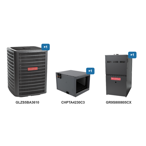 Goodman 3 Ton Heat Pump & Gas Furnace Dual Fuel System: GLZS5BA3610, CHPTA4230C3, GR9S800805CX