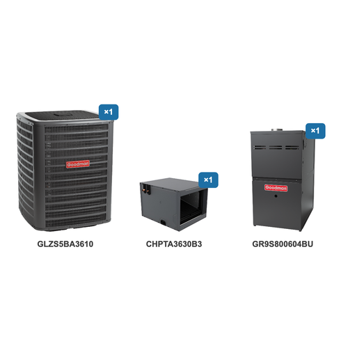 Goodman 3 Ton Heat Pump & Gas Furnace Dual Fuel System: GLZS5BA3610, CHPTA3630B3, GR9S800604BU