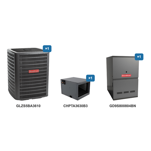 Goodman 3 Ton Heat Pump & Gas Furnace Dual Fuel System: GLZS5BA3610, CHPTA3630B3, GD9S800804BN