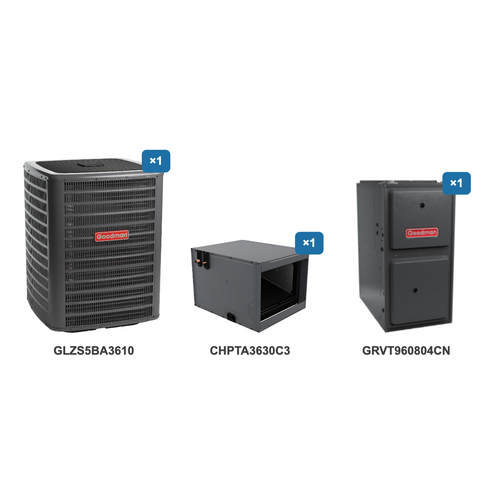 Goodman 3 Ton Heat Pump & Gas Furnace Dual Fuel System: GLZS5BA3610, CHPTA3630C3, GRVT960804CN