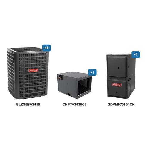 Goodman 3 Ton Heat Pump & Gas Furnace Dual Fuel System: GLZS5BA3610, CHPTA3630C3, GDVM970804CN